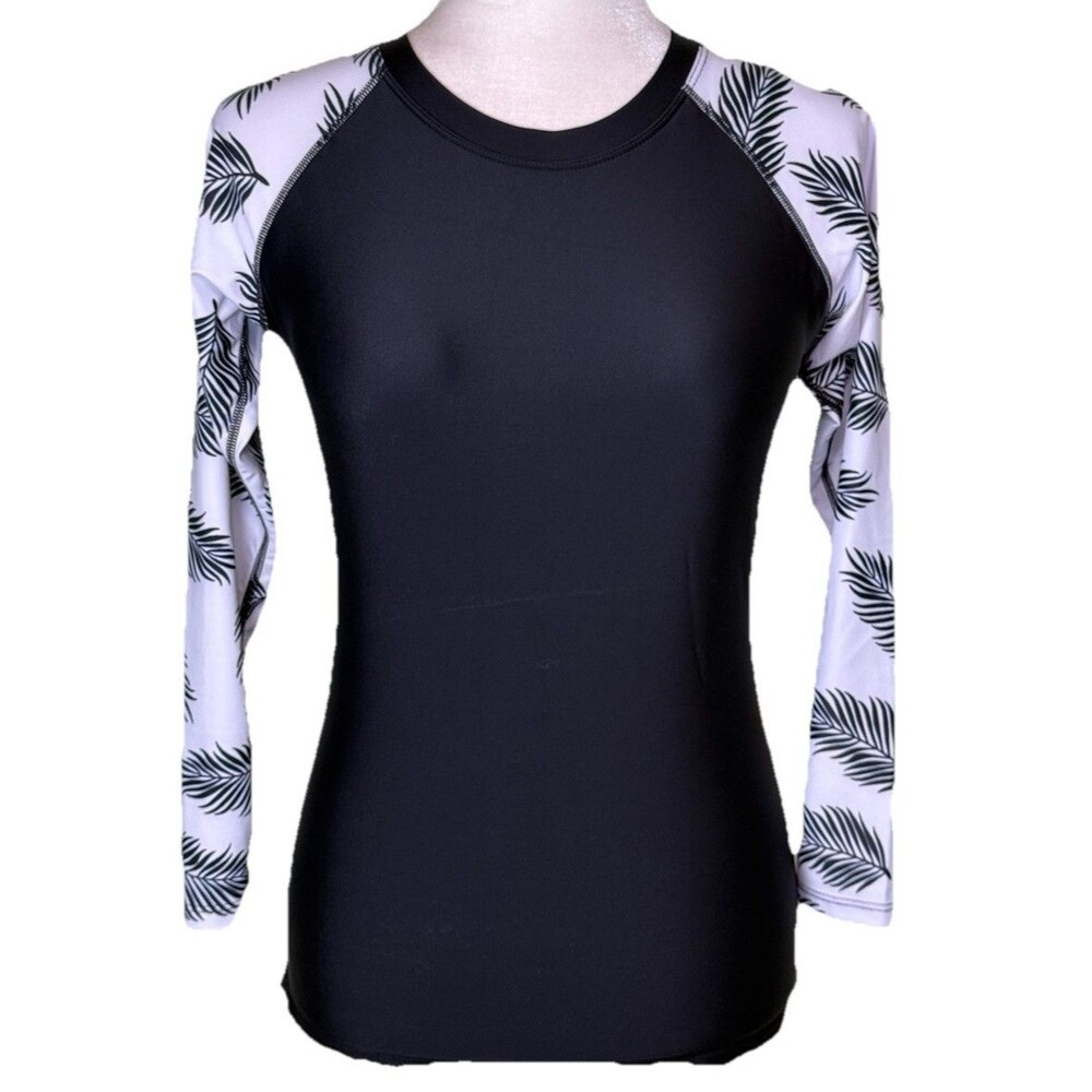 Women’s UV Swim Shirt Rashguard Long Sleeve Black White Tropical Palm Size Small